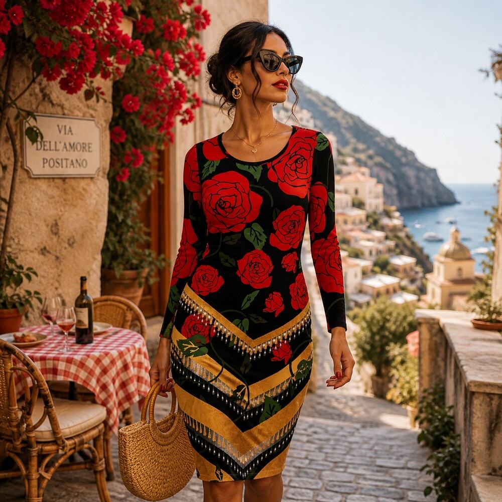 LuLaRoe Elegant Red Rose Print Dress Romantic Floral Bodycon Dolce Vita Style